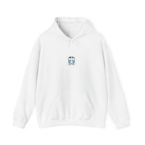 May include: White hooded sweatshirt with a front pocket and drawstring. The sweatshirt features a small, colorful graphic of a train on the chest. The train is blue, white, and black.