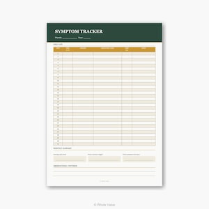 May include: A symptom tracker notepad with a dark green header and a cream-colored interior. The header reads "SYMPTOM TRACKER" with spaces for month and year. The notepad includes a daily log with spaces for various symptom tracking details.