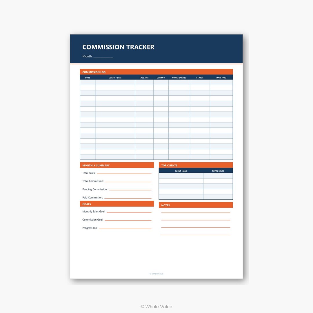 Commission Tracker Printable | Sales Log, Monthly Summary, Goals & Top ...