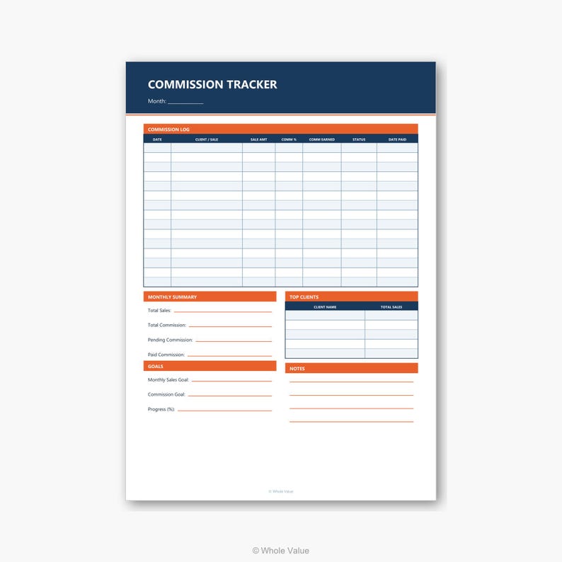 Commission Tracker Printable | Sales Log, Monthly Summary, Goals & Top ...