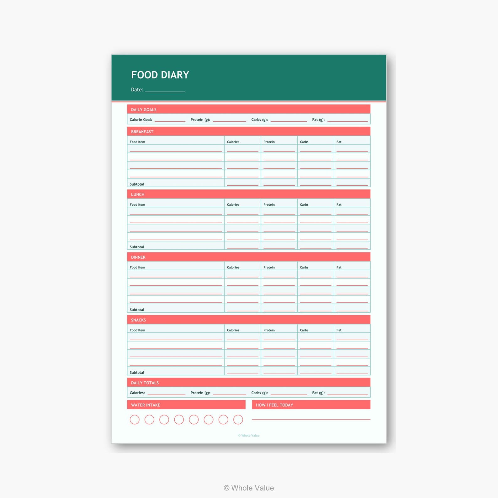 Food Diary Printable PDF | Daily Meal Tracker With Calories Macros ...