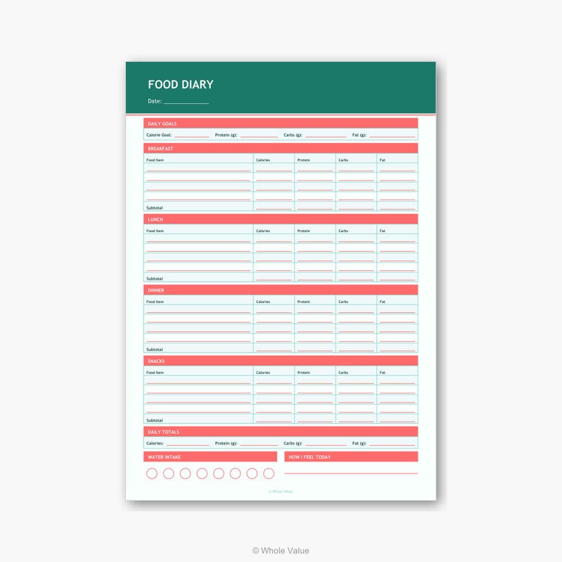 Food Diary Printable PDF | Daily Meal Tracker with Calories Macros Water Intake | Nutrition Log image 4