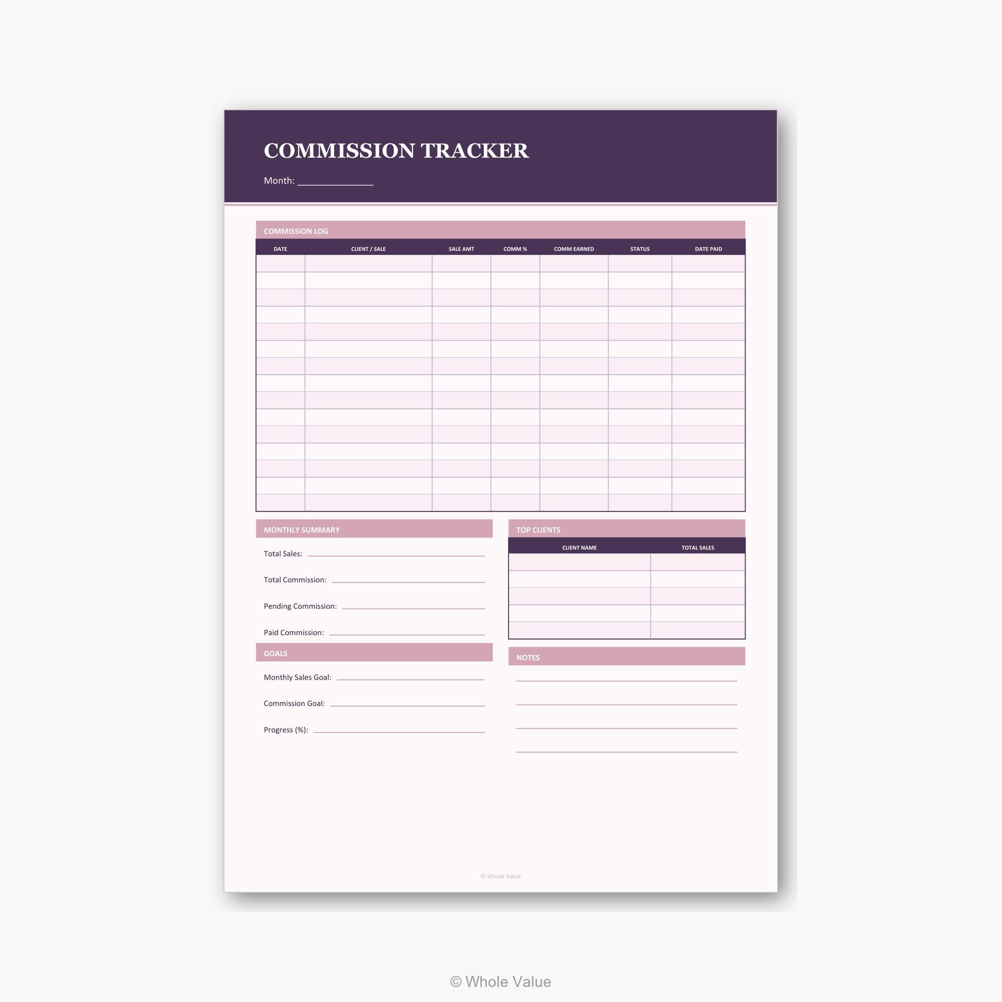 Commission Tracker Printable | Sales Log, Monthly Summary, Goals & Top ...