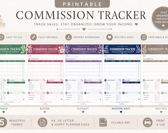 Commission Tracker Printable | 5 Color Themes | Sales Log, Earnings, Pipeline Tracker | A4 A5 Letter | PDF