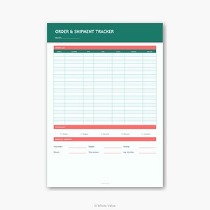 Könnte beinhalten: Ein weißer Bestell- und Versand-Tracker mit grünem Header und roten Akzenten. Der Tracker enthält Abschnitte für das Bestellprotokoll, den Statusschlüssel und die monatliche Zusammenfassung. Der Text enthält "Order & Shipment Tracker" und "Whole Value".
