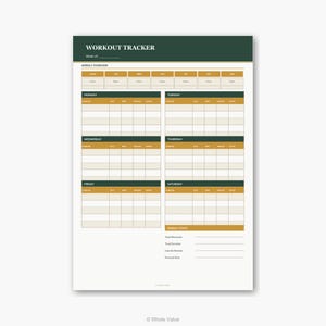 May include: A workout tracker notepad with a dark green header and gold and white sections. The text "WORKOUT TRACKER" is at the top. The notepad is designed to track weekly workouts, with sections for each day of the week.