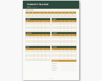 May include: A workout tracker notepad with a dark green header and gold and white sections. The text "WORKOUT TRACKER" is at the top. The notepad is designed to track weekly workouts, with sections for each day of the week.