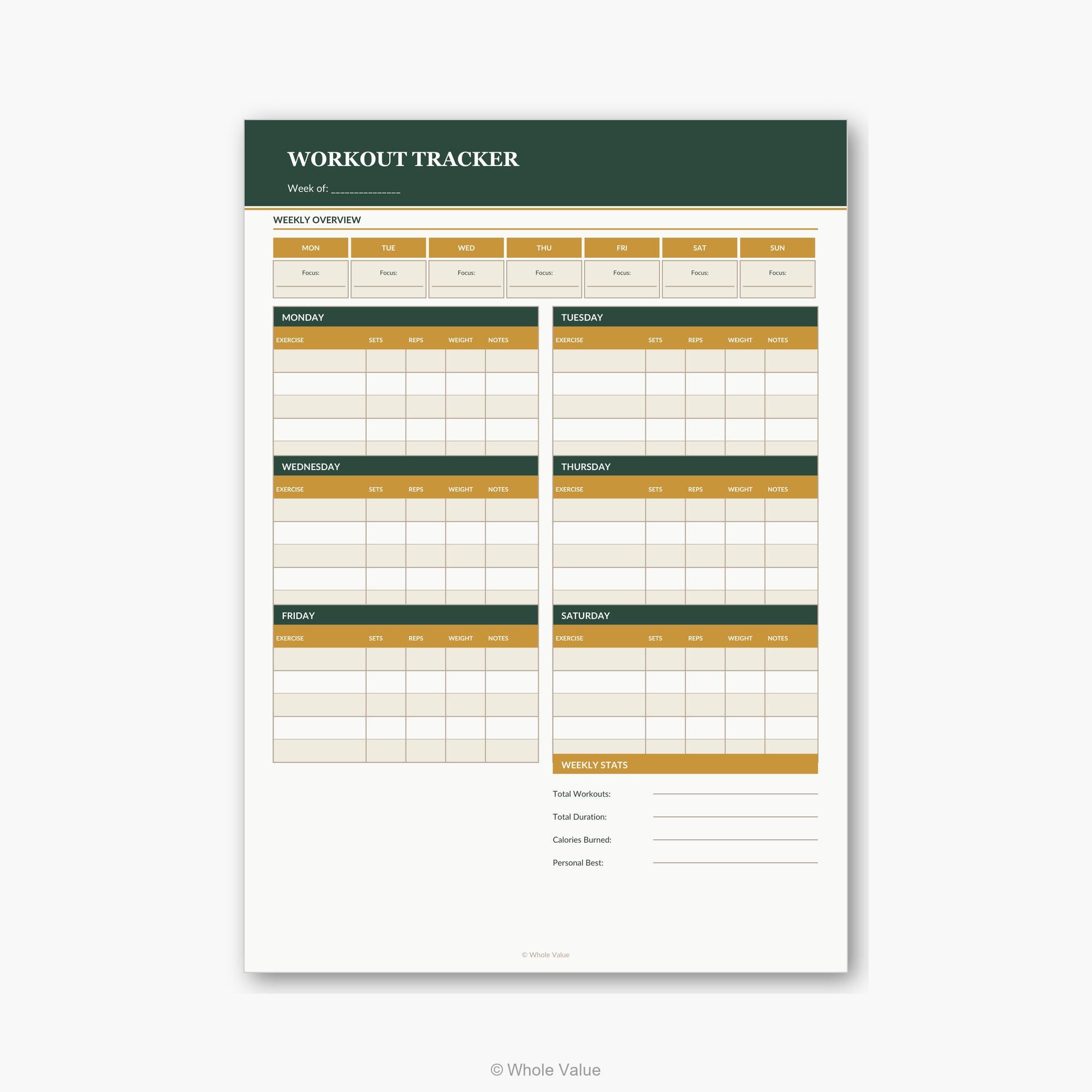 Workout Tracker Printable Weekly Exercise Log Sets Reps Weight Fitness ...