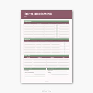 May include: A white paper titled "DIGITAL LIFE ORGANIZER" with sections for online accounts, subscriptions, digital assets, emergency access, and Wi-Fi network info. The top section is burgundy, and the other sections are green.