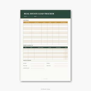 May include: A Real Estate Lead Tracker notepad with a dark green header and a cream-colored body. The header reads "REAL ESTATE LEAD TRACKER". The notepad includes sections for lead pipeline, property showing log, and monthly summary.