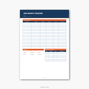 May include: A white sheet of paper with a blue and orange header that reads "JOB SEARCH TRACKER." The document includes sections for application logs, status key, and interview schedules. The layout is designed for tracking job search progress.