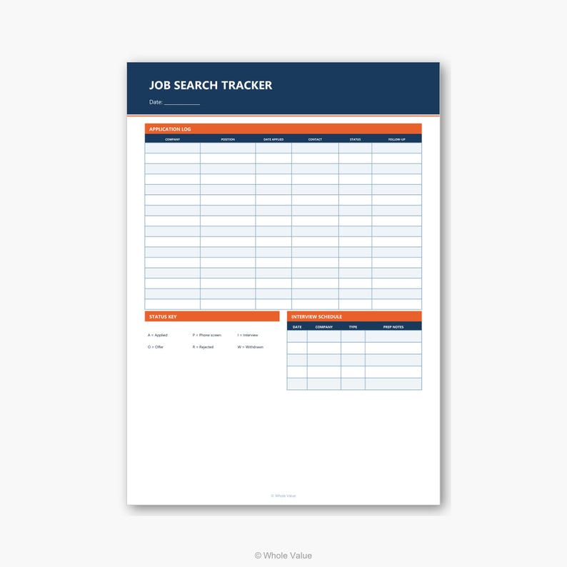May include: A white sheet of paper with a blue and orange header that reads "JOB SEARCH TRACKER." The document includes sections for application logs, status key, and interview schedules. The layout is designed for tracking job search progress.