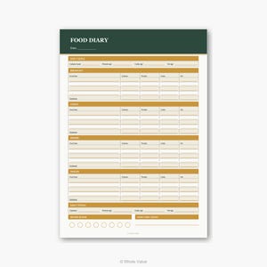 May include: A food diary with a dark green header and gold-colored sections. The title "FOOD DIARY" is at the top. The diary includes sections for daily goals, breakfast, lunch, dinner, snacks, and daily totals. It also has a water intake tracker.