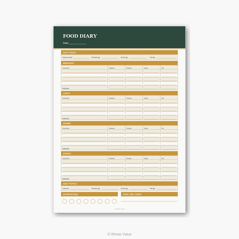 May include: A food diary with a dark green header and gold-colored sections. The title "FOOD DIARY" is at the top. The diary includes sections for daily goals, breakfast, lunch, dinner, snacks, and daily totals. It also has a water intake tracker.