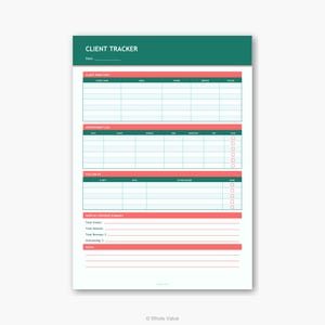 Puede incluir: Un bloc de notas de seguimiento de clientes con un encabezado verde y divisores de sección de color coral. El bloc de notas incluye secciones para el directorio de clientes, el registro de citas, el seguimiento y el resumen mensual de ingresos. El texto "CLIENT TRACKER" está en la parte superior.