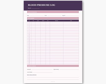 Blood Pressure Log Printable PDF | 31-Day Daily Tracker, Patient Info & Monthly Summary Sheet