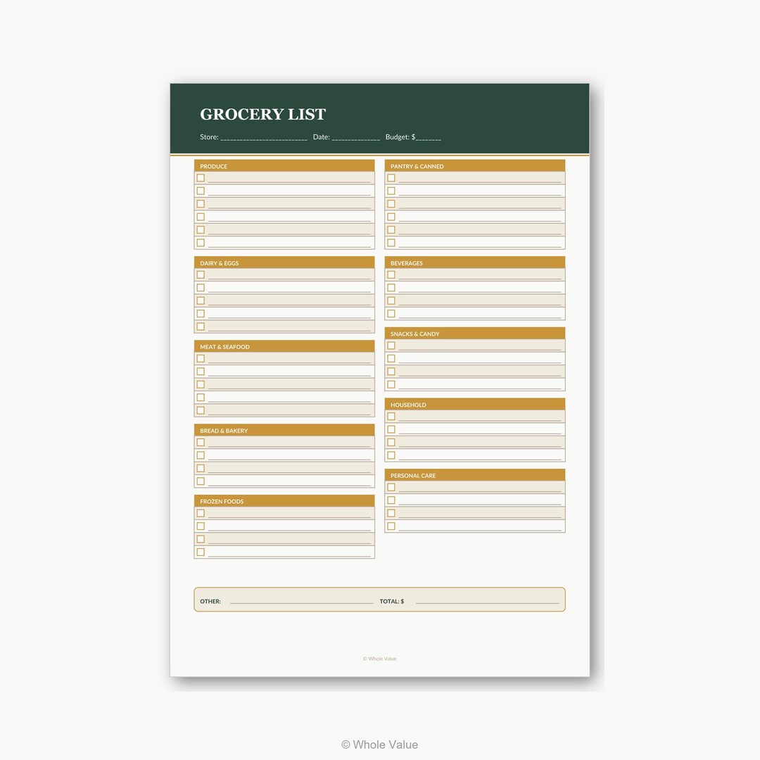 Printable Grocery List With Checkboxes & Budget Tracker | 10 Categories ...