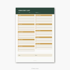 Peut inclure: Un bloc-notes de liste de courses avec un en-tête vert foncé et un corps crème. Le bloc-notes est divisé en sections pour les produits, les produits laitiers et les œufs, la viande et les fruits de mer, le pain et la boulangerie, les aliments surgelés, etc.