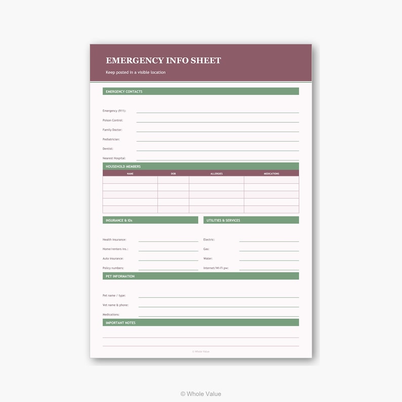Emergency Info Sheet Printable | Family Emergency Contact & Insurance ...