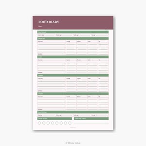 May include: A white food diary with a burgundy header that reads "FOOD DIARY." The diary has sections for daily goals, breakfast, lunch, dinner, snacks, and daily totals. It includes spaces to track calories, protein, carbs, and fat.