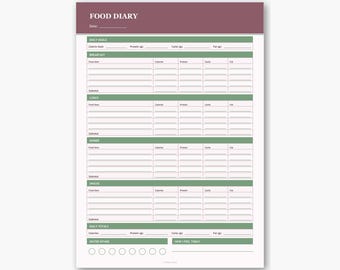 Diario de comidas imprimible en PDF / Registro diario de comidas con calorías, macronutrientes, ingesta de agua y registro nutricional.