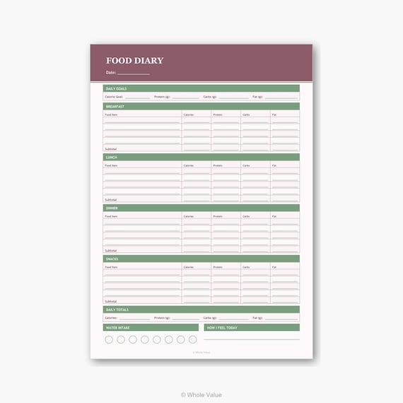 Food Diary Printable PDF | Daily Meal Tracker with Calories Macros Water Intake | Nutrition Log