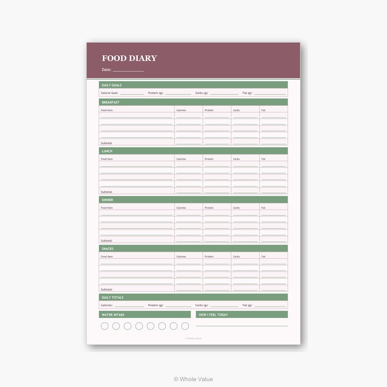May include: A white food diary with a burgundy header that reads "FOOD DIARY." The diary has sections for daily goals, breakfast, lunch, dinner, snacks, and daily totals. It includes spaces to track calories, protein, carbs, and fat.