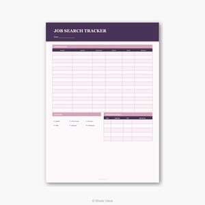 May include: A white job search tracker notepad with a purple header that reads "JOB SEARCH TRACKER." The notepad includes sections for application logs, a status key, and an interview schedule. The application log has columns for company, date, job applied, contact, status, and follow-up.
