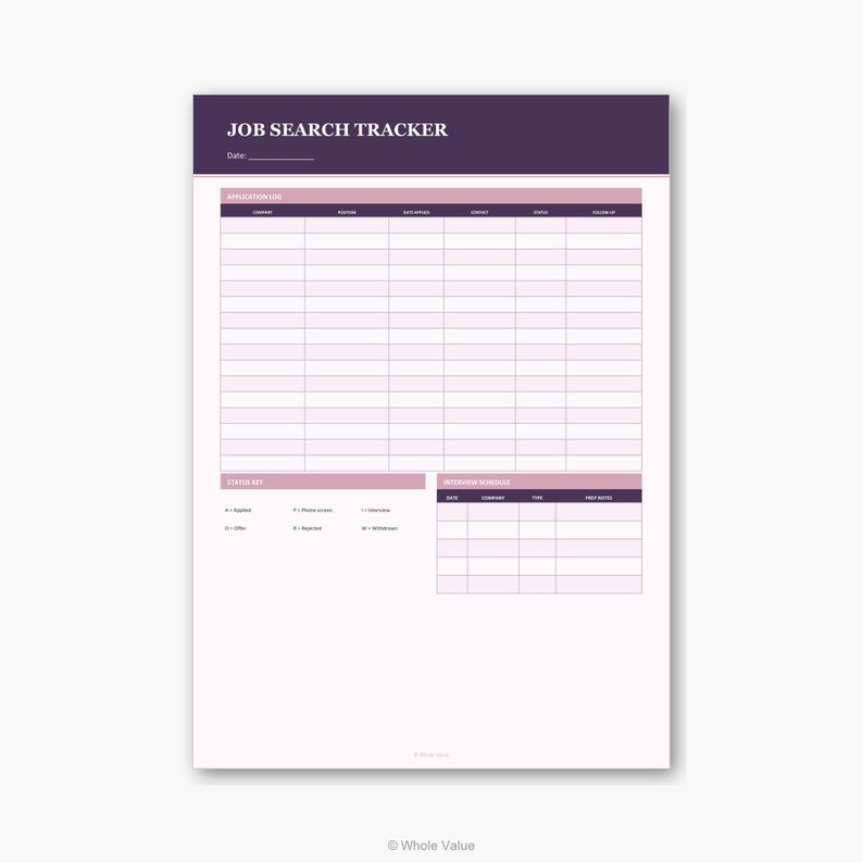 May include: A white job search tracker notepad with a purple header that reads "JOB SEARCH TRACKER." The notepad includes sections for application logs, a status key, and an interview schedule. The application log has columns for company, date, job applied, contact, status, and follow-up.