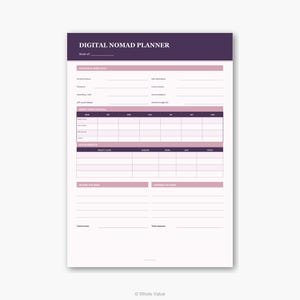 May include: A white Digital Nomad Planner with a purple header and pink accents. The planner includes sections for location, work setup, weekly schedule, and active projects. The text "Digital Nomad Planner" is at the top.