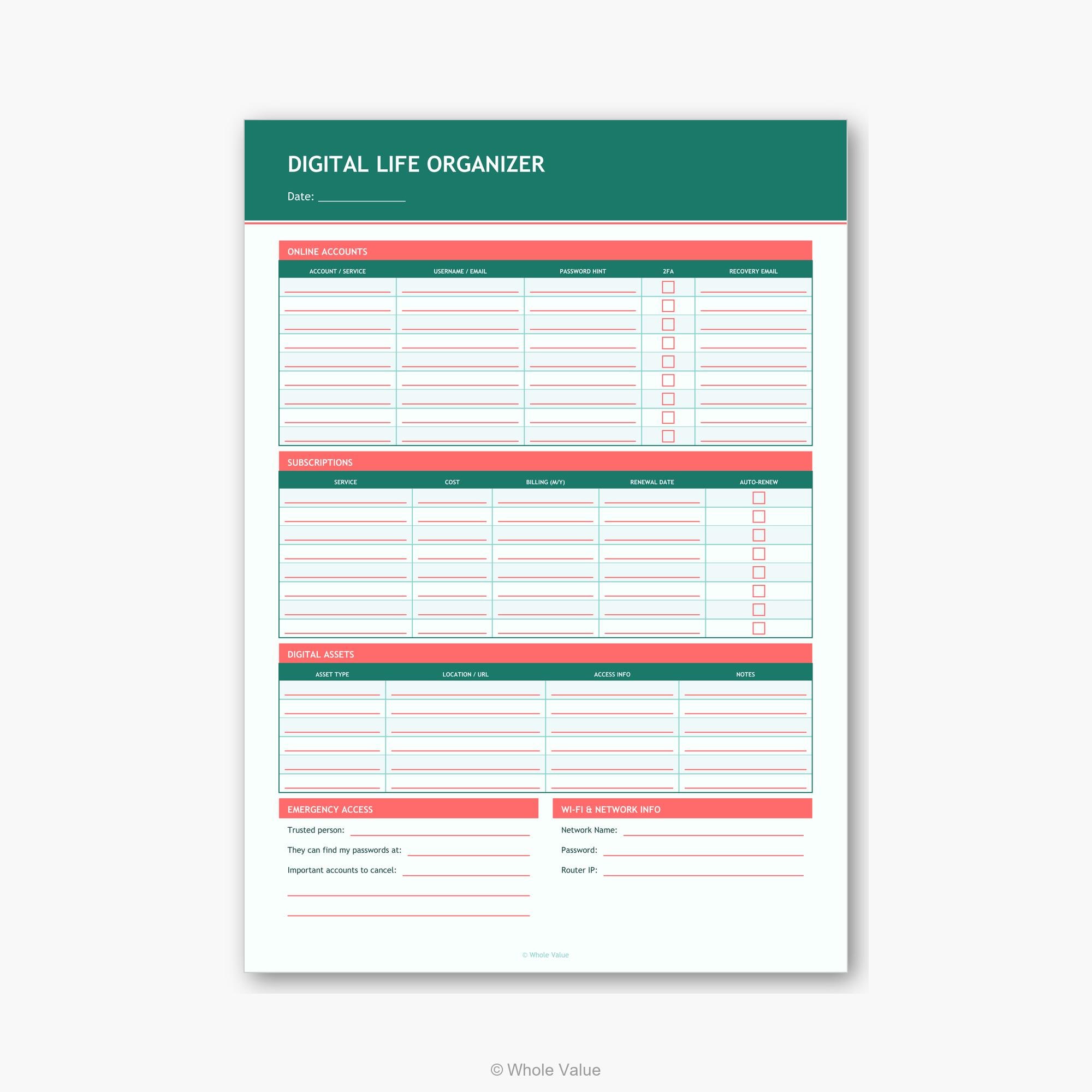 Digital Life Organizer Printable | Accounts Passwords Subscriptions Wi ...