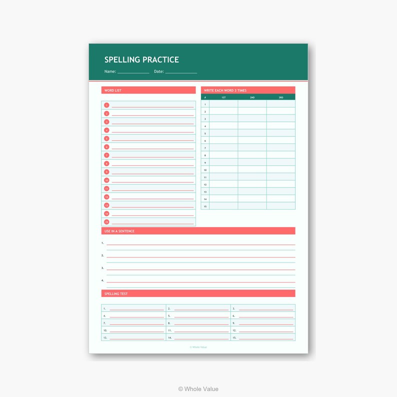 Spelling Practice Worksheet Printable PDF | Word List Write 3 Times ...