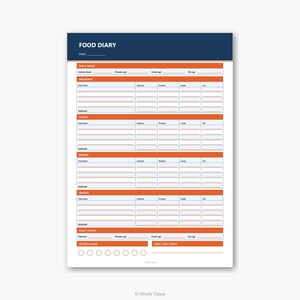 May include: A white food diary with a blue header that reads "FOOD DIARY." The diary has orange and blue accents and includes sections for daily goals, breakfast, lunch, dinner, snacks, and daily totals. It also has a water intake tracker.