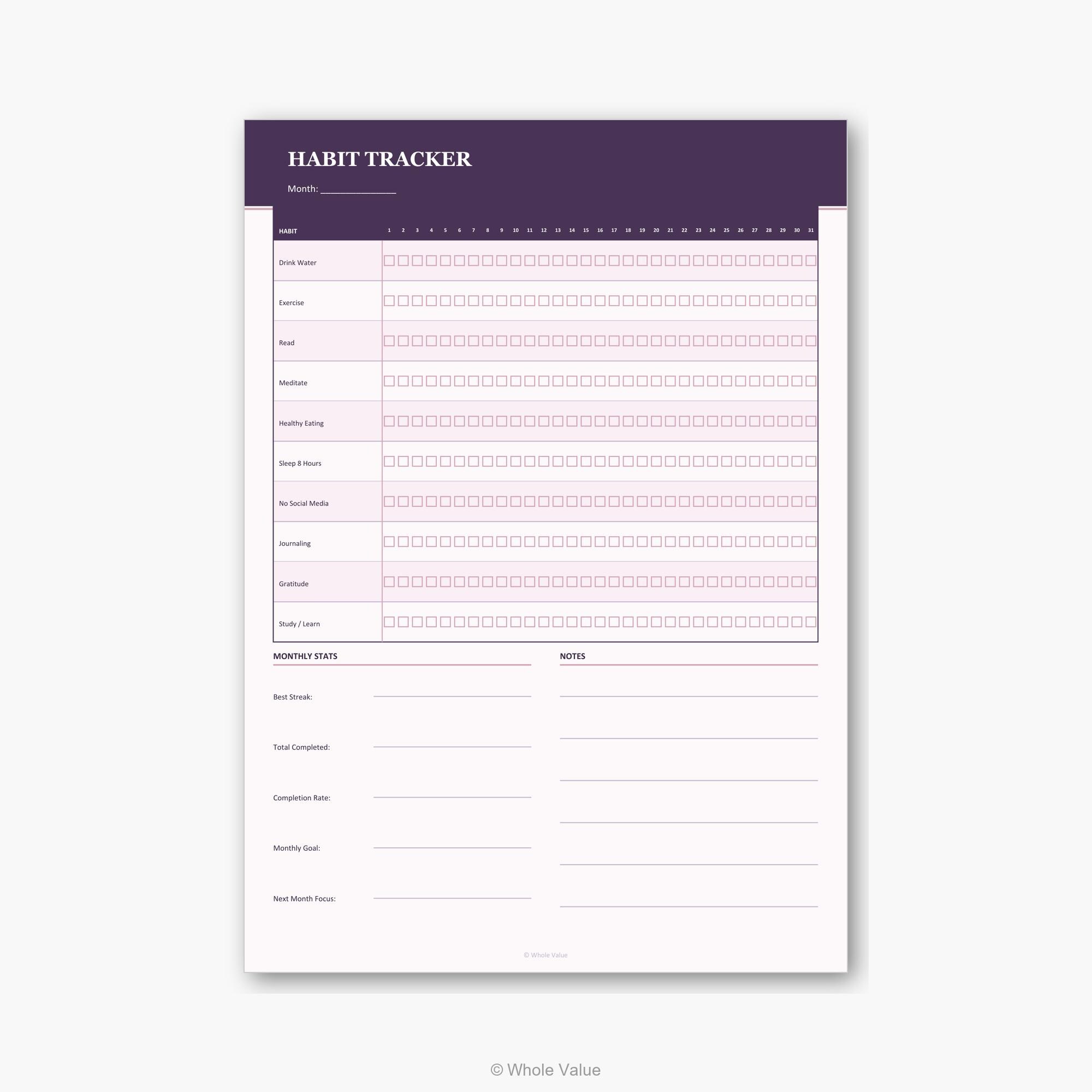 Habit Tracker Printable Monthly Grid | Track 10 Habits | Instant ...