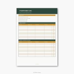 Könnte beinhalten: Ein Passwort-Logbuch mit einem grünen und goldenen Header und Abschnitten für allgemeine und finanzielle Konten. Das Notizbuch enthält Sicherheitstipps und Felder für Kontodetails. Der Text "PASSWORD LOG" steht oben.