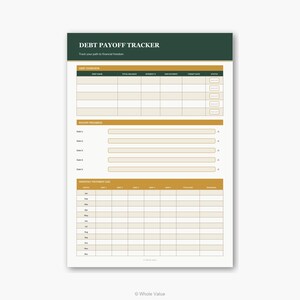 May include: A white debt payoff tracker with a dark green header that reads "DEBT PAYOFF TRACKER". The tracker includes sections for debt overview, payoff progress, and a monthly payment log. The text "Track your path to financial freedom" is below the header.