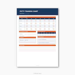 May include: A white potty training chart with a navy blue header and orange accents. The chart includes sections for tracking progress, rewards, and notes. It features a weekly potty tracker with star icons.