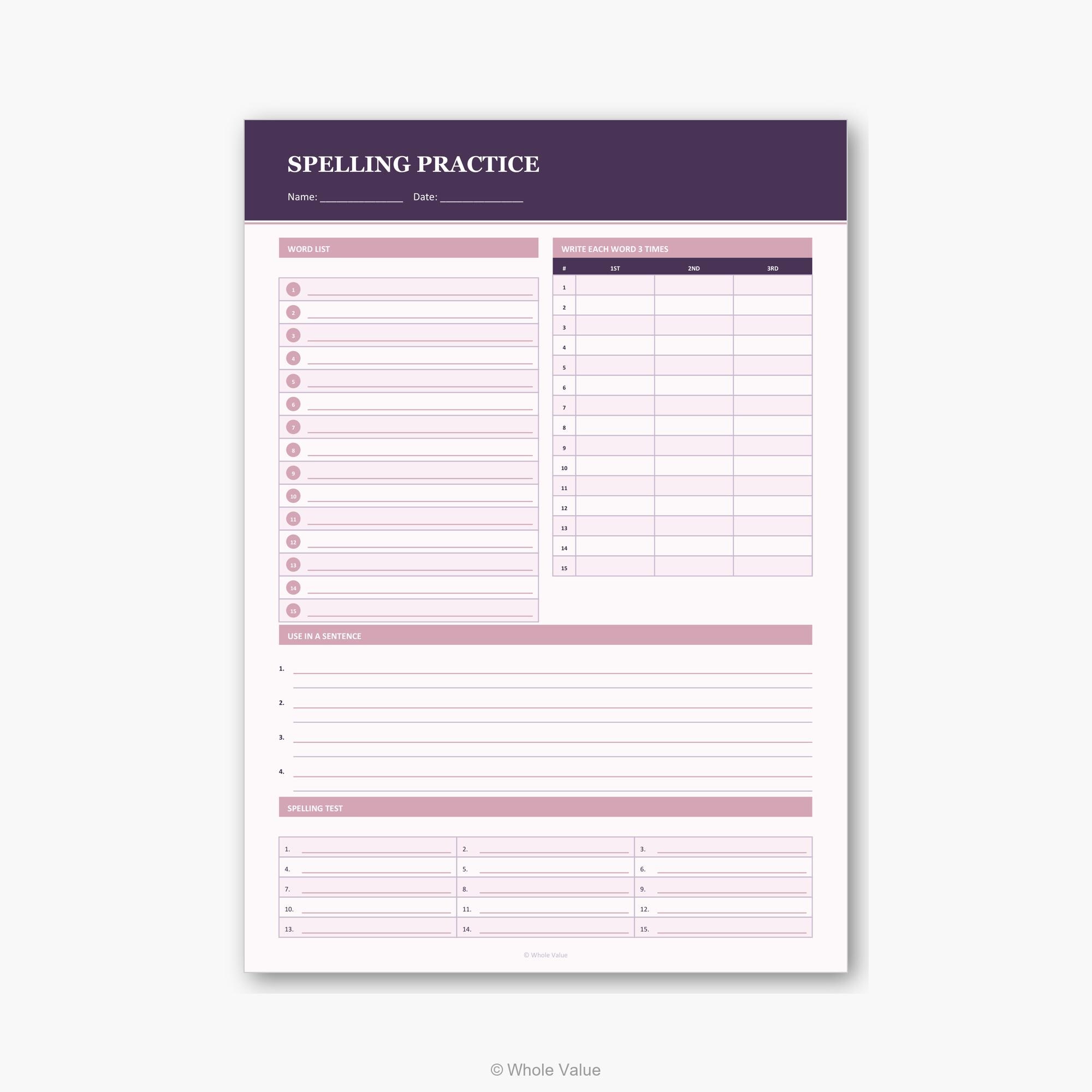 Spelling Practice Worksheet Printable PDF | Word List Write 3 Times ...