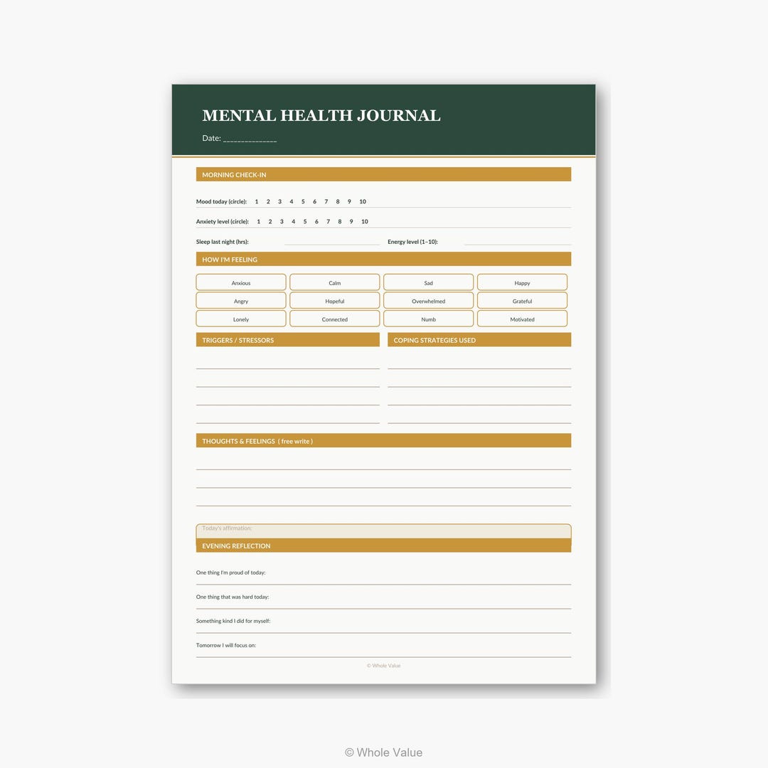 Mental Health Journal Printable | Mood Anxiety Check-in, Feelings ...