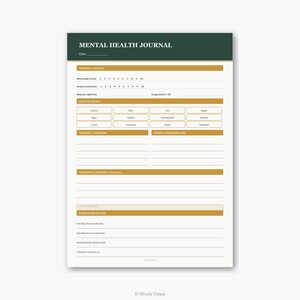 May include: A mental health journal with a dark green header and gold accents. The journal includes sections for mood, anxiety, sleep, and energy levels. It also has prompts for feelings, triggers, coping strategies, and daily reflections.
