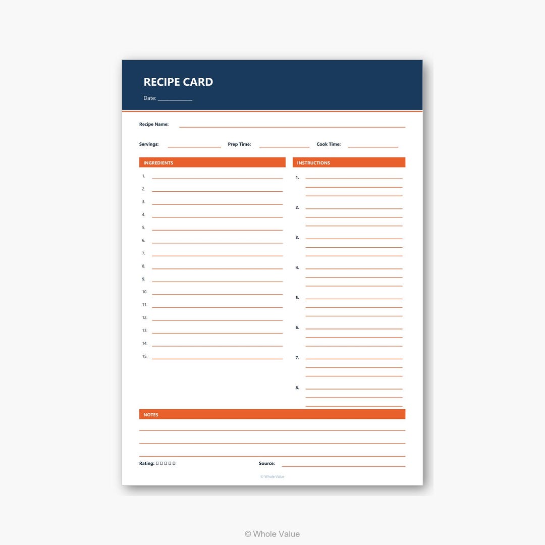 Printable Recipe Card Template | Ingredients Instructions Notes Rating ...