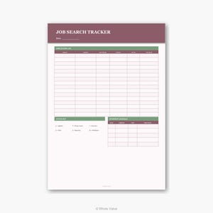 May include: A white job search tracker with a burgundy header that reads "JOB SEARCH TRACKER". The tracker includes sections for application logs, a status key, and an interview schedule. The document is designed to help organize job search efforts.
