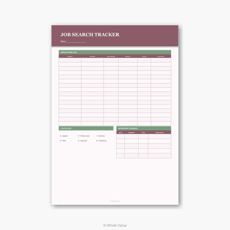 May include: A white job search tracker with a burgundy header that reads "JOB SEARCH TRACKER". The tracker includes sections for application logs, a status key, and an interview schedule. The document is designed to help organize job search efforts.
