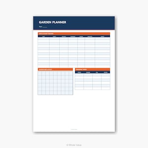 May include: A white garden planner with a blue header that reads "GARDEN PLANNER". The planner includes sections for seed and plant tracking, garden bed layout, and seasonal tasks. The text is in a clean, easy-to-read font.