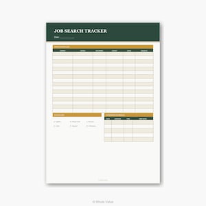 Könnte beinhalten: Ein Notizblock zur Jobsuche mit einer dunkelgrünen Kopfzeile mit der Aufschrift "JOB SEARCH TRACKER". Der Notizblock hat Abschnitte für Bewerbungsprotokolle, einen Statusschlüssel und einen Interviewplan. Der Notizblock ist weiß mit goldenen und dunkelgrünen Akzenten.
