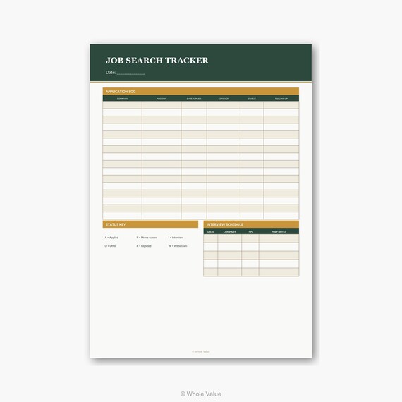 Job Search Tracker Printable PDF | Application Log, Interview Schedule, Status Key | A4 & Letter