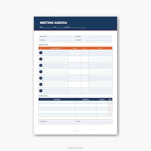 May include: A white meeting agenda template with a blue and orange header and footer. The template includes sections for meeting details, agenda items, and action items. The text "MEETING AGENDA" is at the top.