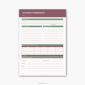 May include: A white decision worksheet with sections for decision-making, pros and cons, and weighted criteria. The worksheet has a burgundy header with the title "DECISION WORKSHEET" and green and burgundy accents.