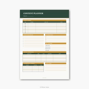 Könnte beinhalten: Ein weißer Content-Planer-Notizblock mit einem dunkelgrünen Header mit der Aufschrift "CONTENT PLANNER". Der Notizblock enthält Abschnitte für Content-Kalender, Ideen, Ziele, SEO, Analysen und Zusammenarbeit.