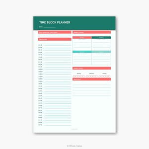 Peut inclure: Un planificateur de blocs de temps avec un design turquoise et corail. Il comprend des sections pour les blocs de temps, la matrice de priorités, les niveaux d'énergie et une zone de décharge principale. Le texte "TIME BLOCK PLANNER" est en haut.
